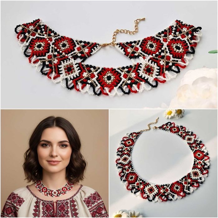 Намисто силянка з бісеру українська Різні кольори червоно-чорна