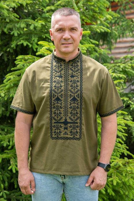 М-5ХЛ Вышиванка льняная мужская хаки, лен