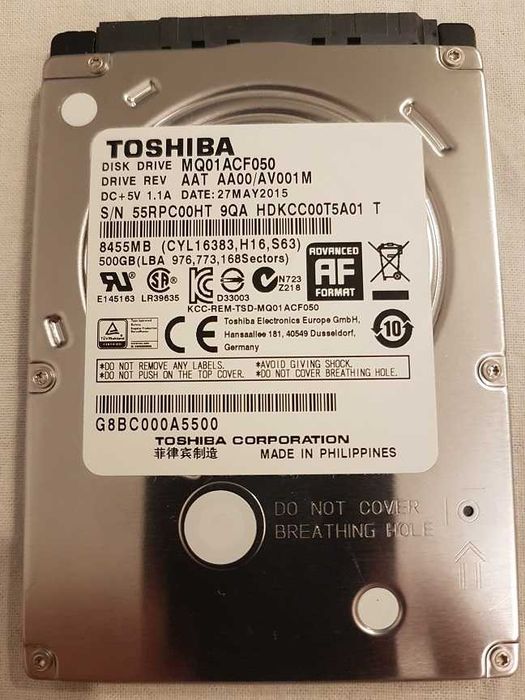 Bardzo szybki dysk twardy HDD Toshiba 500GB, 2,5", SATA, 7200 obrotów