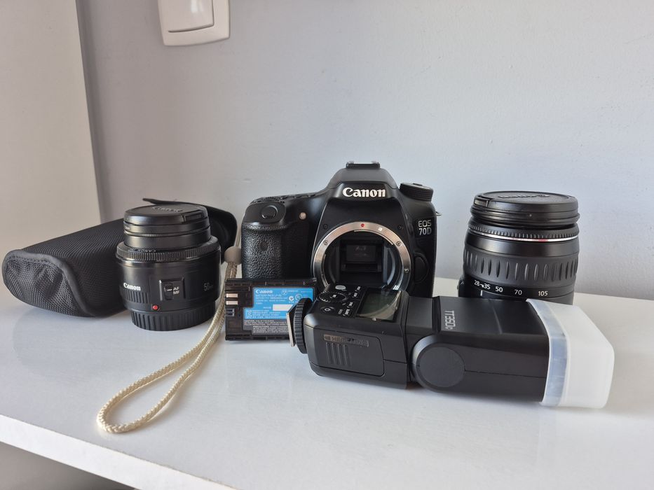 Canon 70D + 2 lentes + flash externo + carregador de bateria