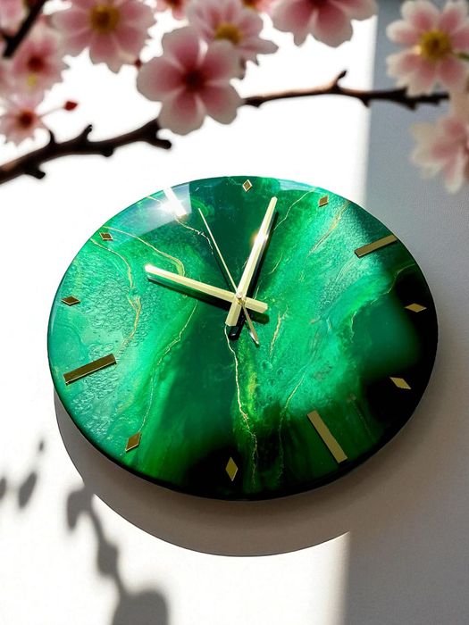 Designerski Zegar Ścienny z Żywicy Epoksydowej 40cm Zielony-Nowoczesny