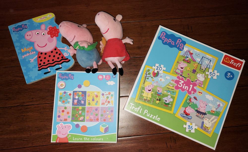 Zestaw Peppa Pig puzzle maskotka gra planszowa + książeczka gratis