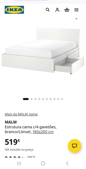 Cama branca ikea Malm 180x200