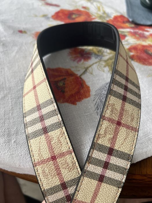 Pasek beżowy w stylu Burberry srebrna klamra pattern