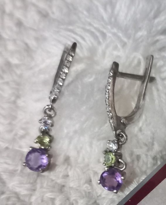 Серьги серебро, аметист ,перидот