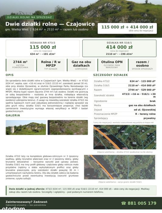 Sprzedam działkę rolna 634 m2.(dodatkowa działka 516/1 rolna 2110 m2)