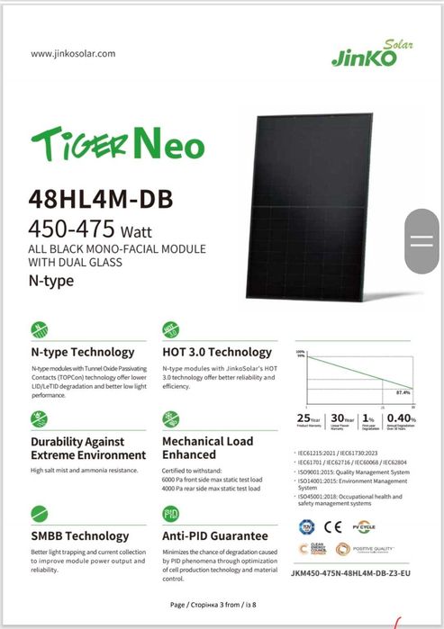 Сонячна панель Jinko Solar JKM460N-48HL4-DB FULL BLACK (N-Type) 460Ватт
