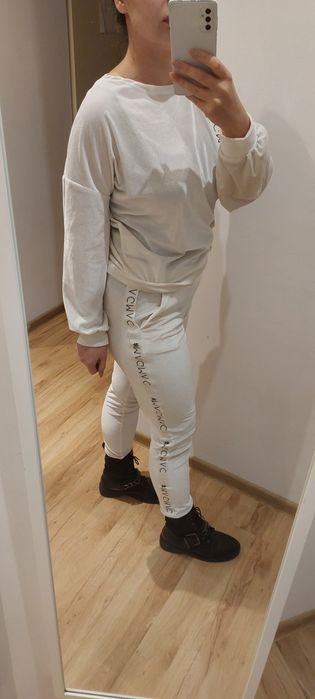 Perłowy dres komplet biały S magmac welur zestaw spodnie bluza