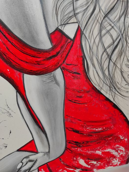 Duzy obraz akrylowy na plotnie kobieta czerwona sukienka