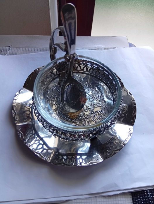 Requintada compoteira de cristal, vintage, revestida em prata inglesa