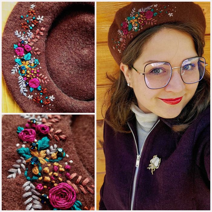 Beret wełniany ręcznie haftowany