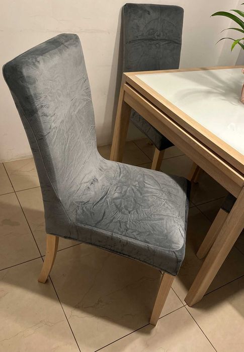 NOWY zestaw 6 pokrowców na krzesła welur szary elastyczny gruby