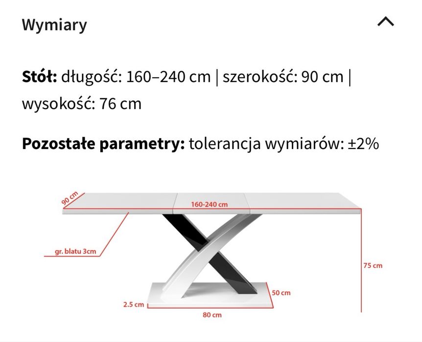 Stół „X” rozkladany 160/240 wysoki połysk