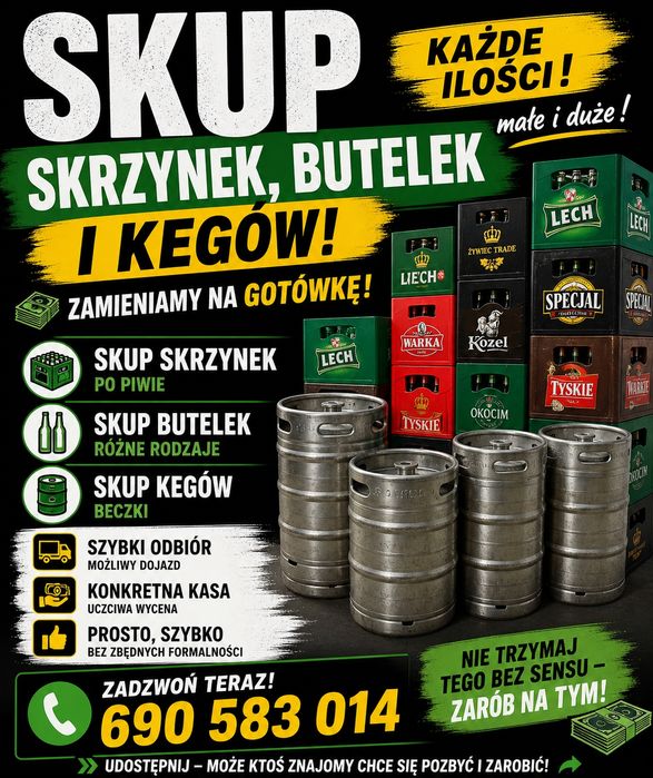 Skup butelek i skrzynek od piwa, skup kegów od piwa