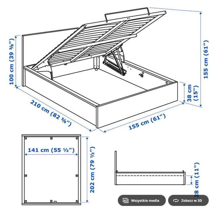 Łóżko_Stelaż_IKEA MALM 140×200 cm z pojemnikiem – biały – Stan Bardzo Dobry!