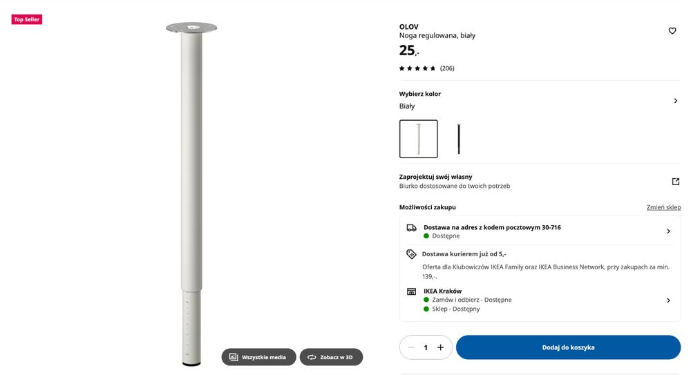 8x nogi do stołu IKEA OLOV regulowane - 4 białe + 4 czarne