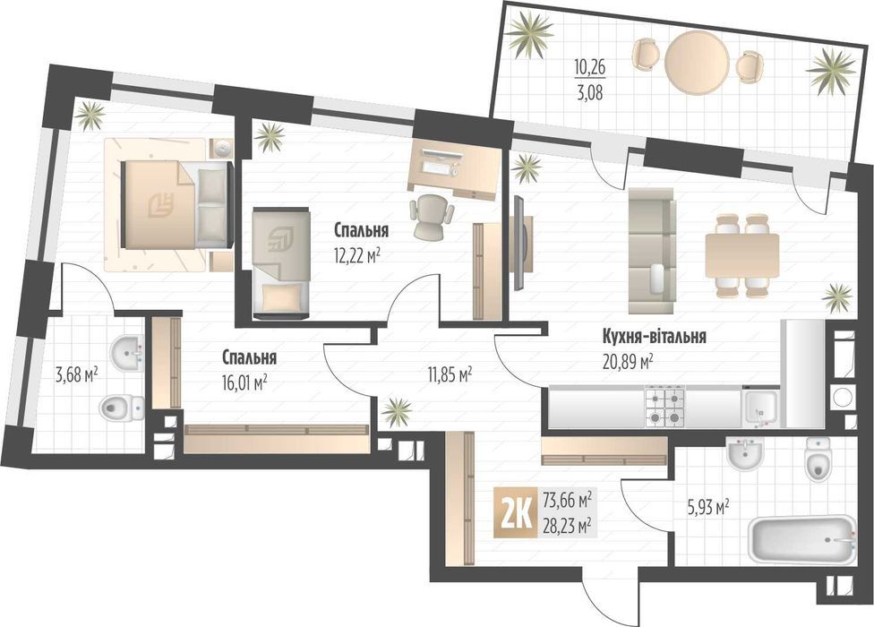 2-кімнатна квартира за адресою (площа 73,7 м²) - Atlanta.ua - фото 2