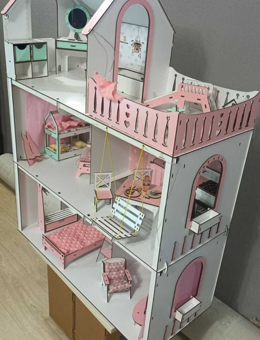 Ляльковий будиночок NestWood для Барбі, рожевий + Меблі 19 + текстиль