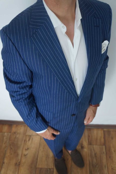 Bytom Garnitur Męski 182/100/96 Granatowy Prążki 100% Len Letni Elegancki Premium