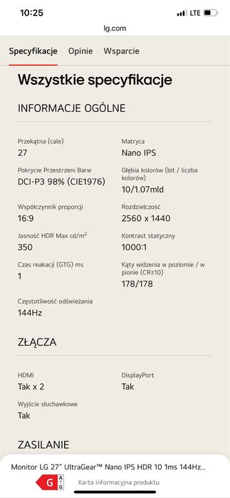 Monitor LG UltraGear 27'' 27GL850-B 144Hz WQHD 1ms Czarny