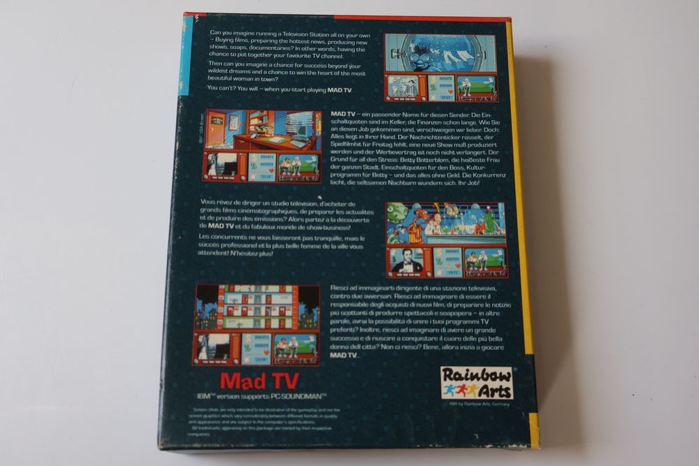 Gra Mad TV wydawca Rainbow Arts na Komputery Retro Commodore Amiga 500 600 1200 Atari ST IBM 2xDisc 3,5" 1991 Big Box Poster Komplet Stan Dobry Plus