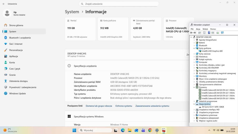 HP 15-dw1407no Celeron N4120 4GB RAM 128GB SSD WIN 11