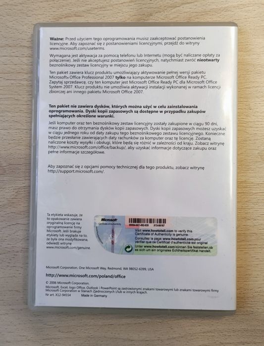 Office 2007 Pro licencja pudełko nie rejestrowany