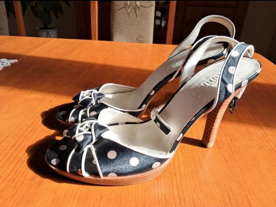 Monnari nowe retro sandały, szpilki r.38 w grochy kropki  vintage pin-up peep toe