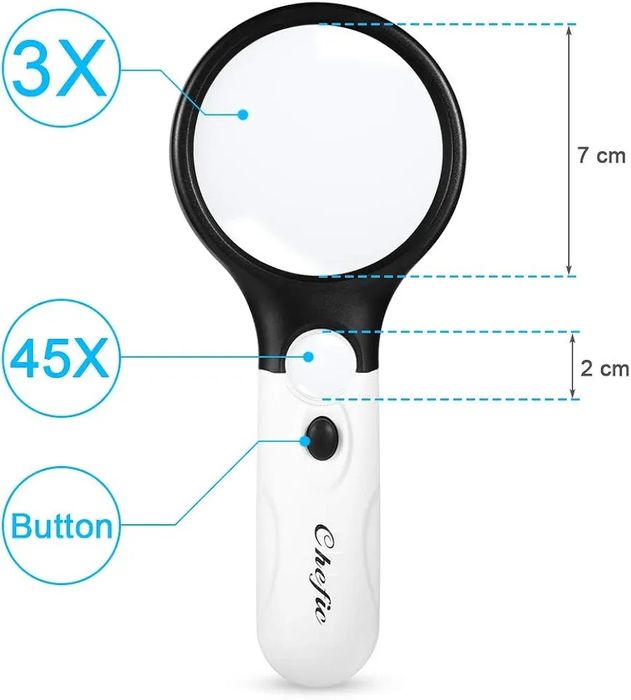 Chefic Lupa ze światłem, 3 x 45 x podświetlana lupa do czytania 3diody