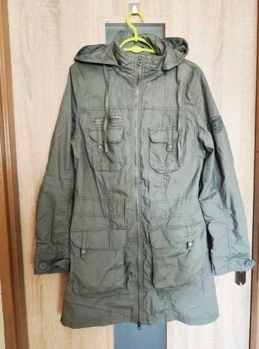 120. Kurtka parka przejściowa z kapturem szaro zielona khaki rozmiar 40/42