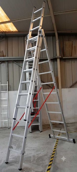 Escada Profissional Tripla 3x3m (7m Úteis) Degrau Quadrado - Alumínio 6060