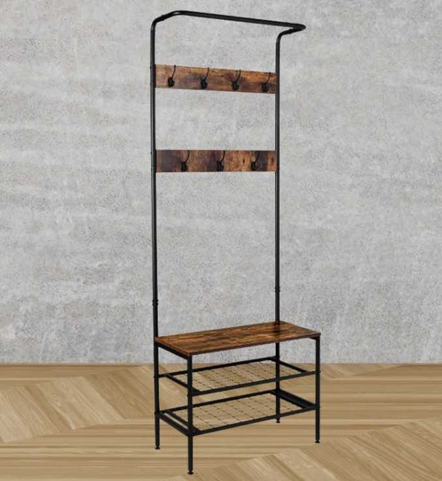 Wieszak Stojący Podłogowy na Ubrania Buty Akcesoria Loft z Siedziskiem Rustykalny 185cm