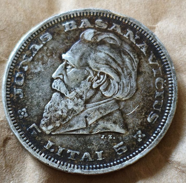 5 litai 1936 Litwa moneta srebrna Jonas Basanavičius Pogoń