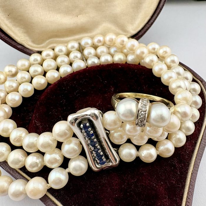Retro bransoletka perły akoya 3-rzędowa złoto 14 k szafiry 20.5 cm