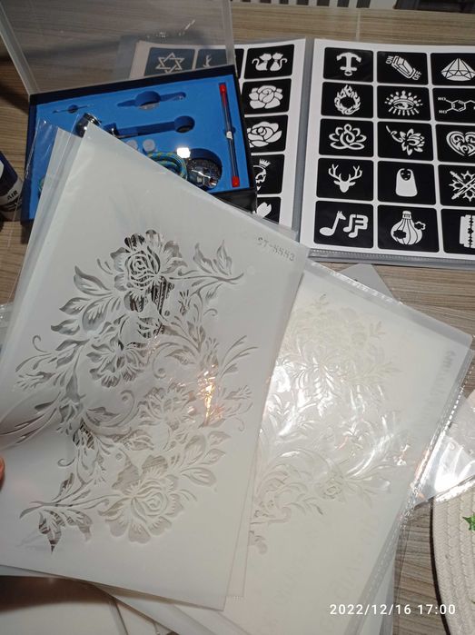 Aerograf, kompresor, farby, igły, wzorniki