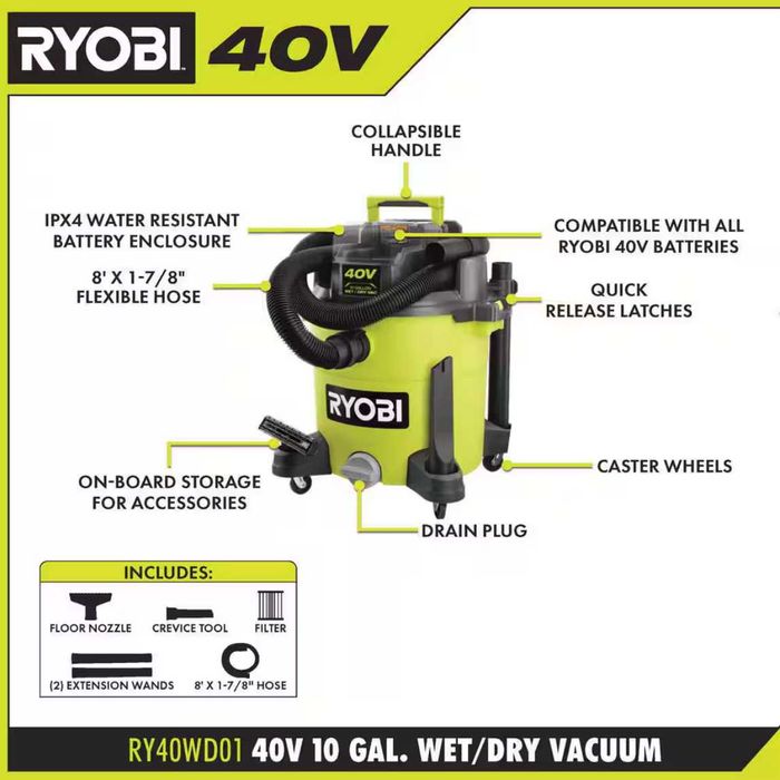 Будівельний пилосос Ryobi 40V HP RY40WD01 сухе/вологе прибирання США