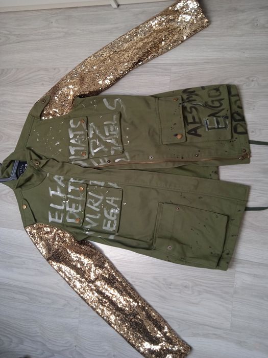 Kurtka damska letnia khaki cekiny print biały piękna