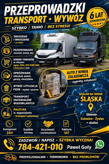 Szybki Transport i Przeprowadzki Wnoszenie | Wywóz | 24H | Śląsk odbiór Agata/Ikea /RTV AGD