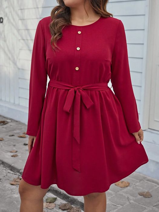 Sukienka rozklosszowana z guzikami burgundowa casual SHEIN 3XL 46