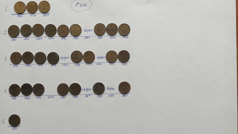 Монети СССР 1 коп. 1941-1991 роки