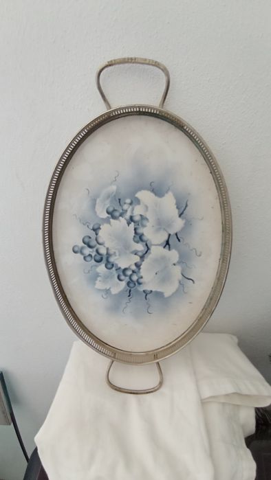 Antique tray with porcelain