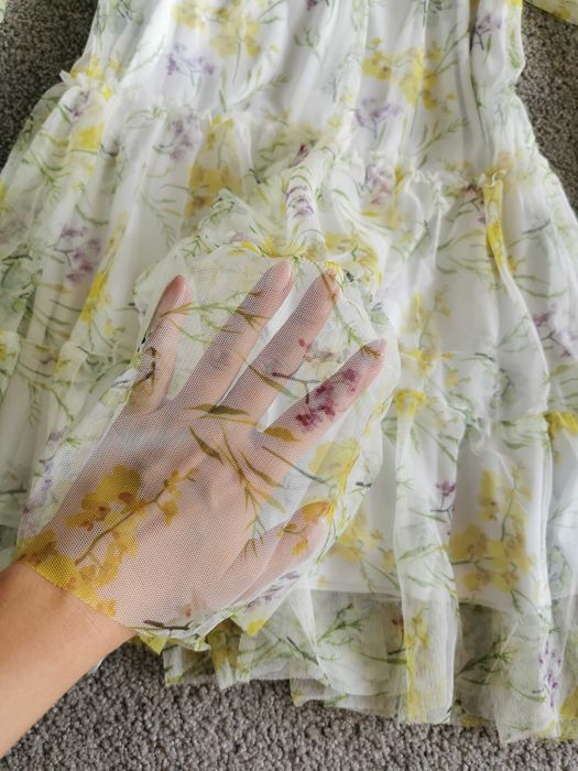 Sukienka Tiulowa Siateczka Kremowa Pastelowe Kwiaty Floral Boho Folk