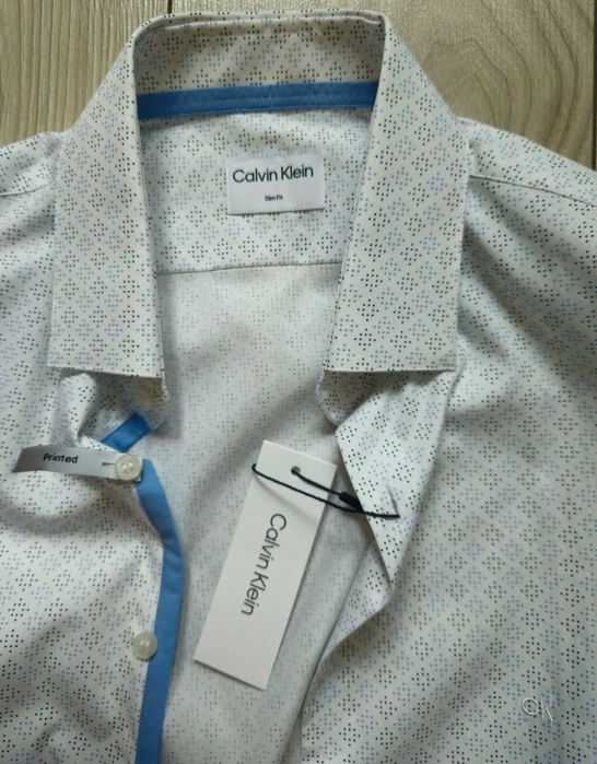 Calvin Klein Koszula Wzór Nowa z Metką Slim Fit 40 Light Blue