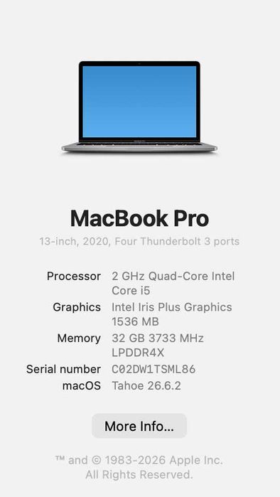 MacBook Pro 13″ 2020 | i5 Quad-Core 2,0 GHz | 32 GB RAM | SSD 1 TB