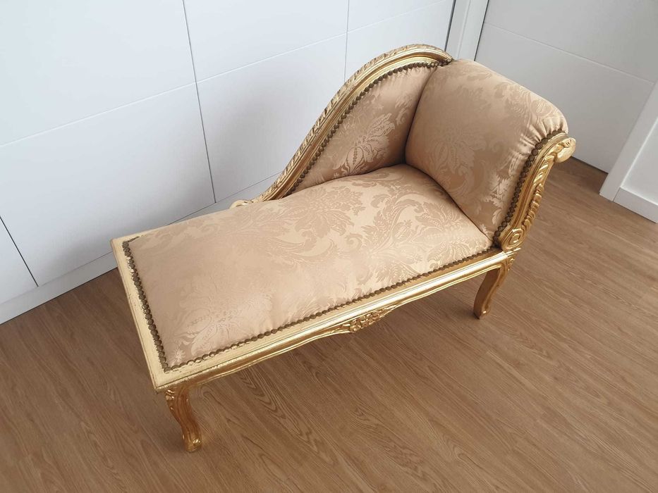 Banqueta Luís XV Francesa Folha de Ouro Tecido Adamascado Dourado