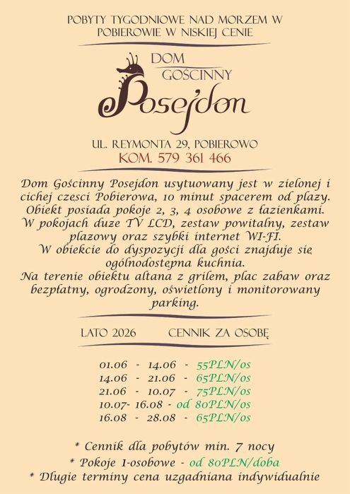 Od 55zł doba za osobę, wolne pokoje nad morzem