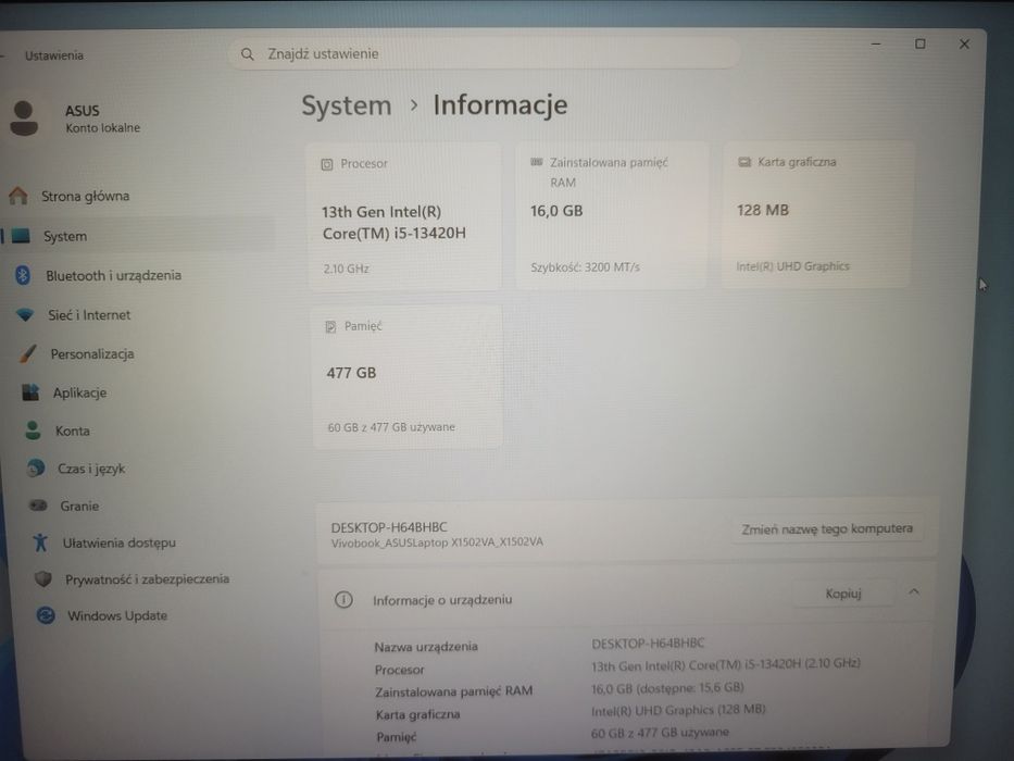 Asus Vivobook 15 Intel Core i5 -13420H/16GB/512GB/Win11/Gwarancja