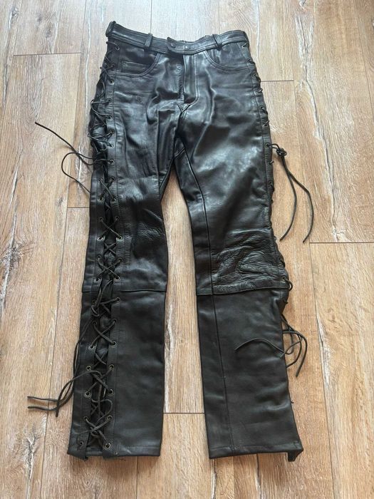 Męskie spodnie skórzane rozmiar 48 HEIN GERICKE / chopper / cruiser / Harley style / wiązane nogawki
