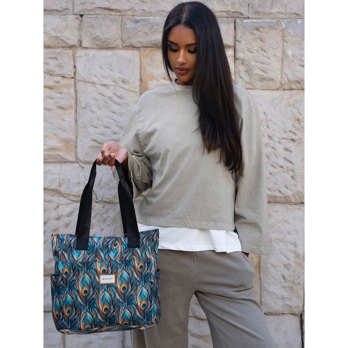 damska torebka shopper z tkaniny na ramię w pawie pióra - rovicky