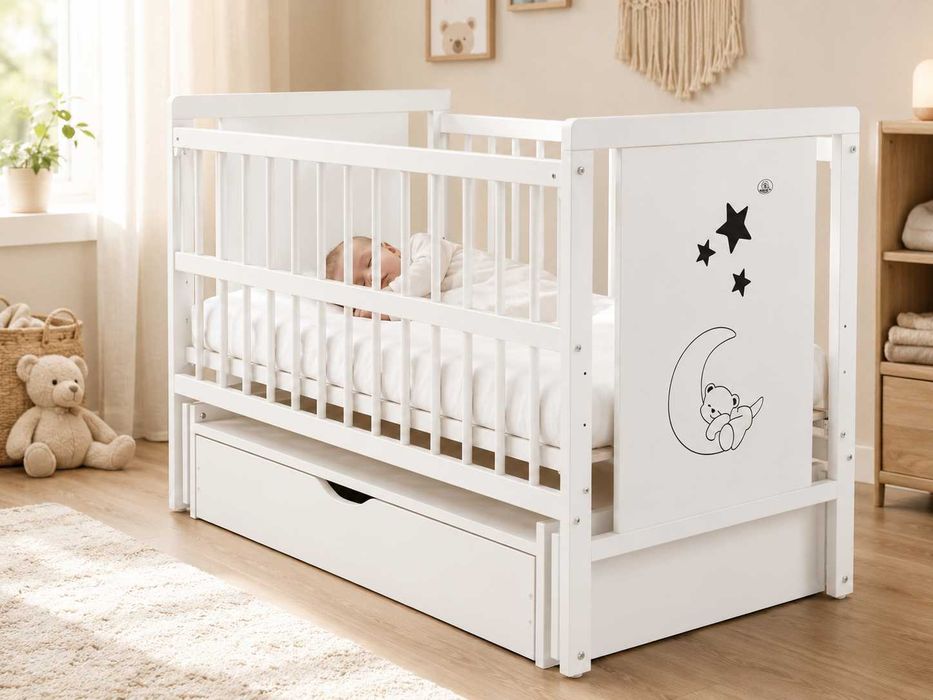 Ліжечко дитяче 120×60 з маятником, шухлядою, відкидною боковиною